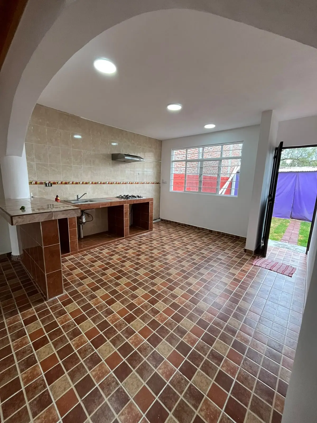 Vista amplia de la cocina y acceso al jardín